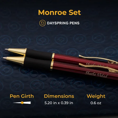 Vista 5 de Dayspring Pens Monroe - Juego de bolígrafos y lápices, laca roja con borde dorado, grabado personalizado, regalo de graduación, aniversario
