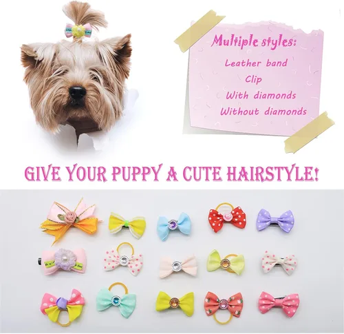 Vista 3 de 200 lazos para el pelo de perro, 100 pares de lazos de metal con clip para perro con perlas y flores para peluquero, niño, niña, Yorkie, cachorros