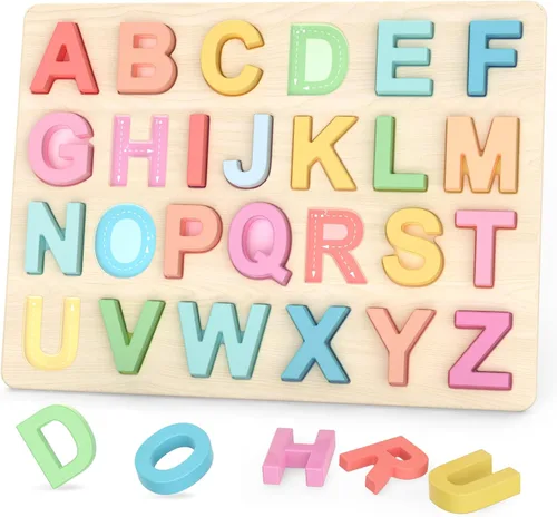 Vista 8 de Zeoddler Rompecabezas del alfabeto, rompecabezas de madera para niños pequeños, rompecabezas con forma de ABC para niños, actividades de aprendizaje