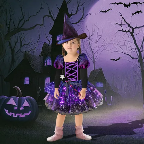 Vista 5 de Kitimi Light Up Witch Costume for Girls, Carnival Girls Witch Costume, Kids Toddler Witch Costume, Witch Costume for Party