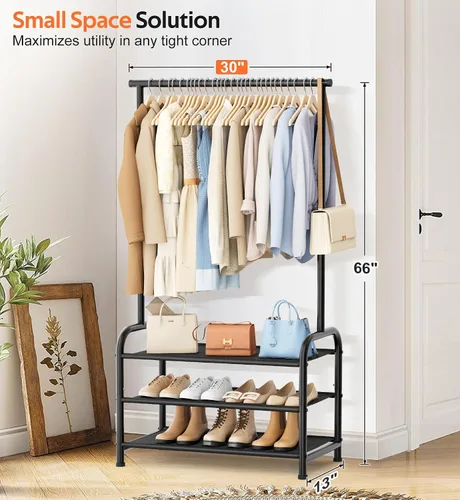 Vista 9 de MISSLO Perchero resistente con ruedas y estantes para colgar ropa con 3 estantes