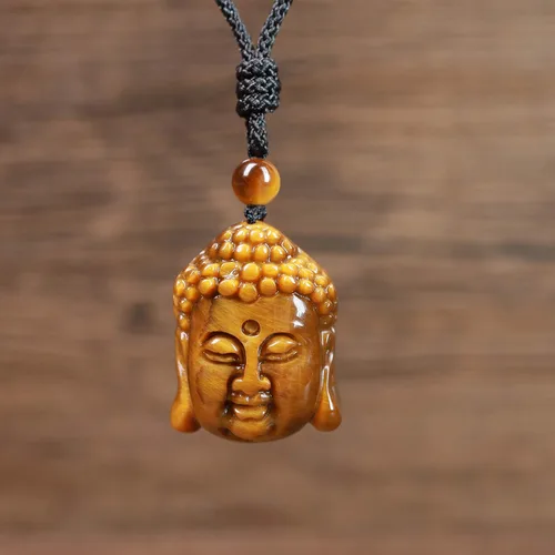 Vista 4 de Collar con colgante de cabeza de Buda con ojo de tigre genuino, Piedra