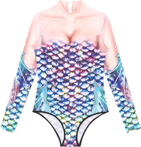 Vista 5 de Traje de baño de una pieza con estampado 3D de escamas de pez de sirena para mujer con cremallera en la espalda
