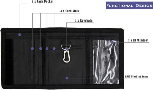Vista 6 de Cartera de bloqueo de RFID (identificación de frecuencia de radio) de tres partes de lona, para deportes al aire libre, para niños. Cartera