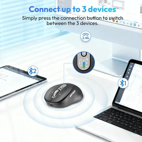 Vista 2 de CITLLA Ratón Bluetooth inalámbrico, recargable portátil, multidispositivo, DPI de 4 niveles, receptor USB-A y dos Bluetooth, multisistema