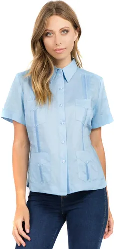 Vista 15 de Mojito Guayabera de manga corta 100% lino tradicional con cuatro bolsillos para mujer