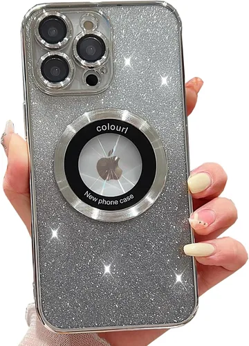 Vista 20 de Funda magnética con purpurina para iPhone 13 Pro Max, compatible con MagSafe con protector de cámara, logotipo suave, de lujo, linda, para mujeres