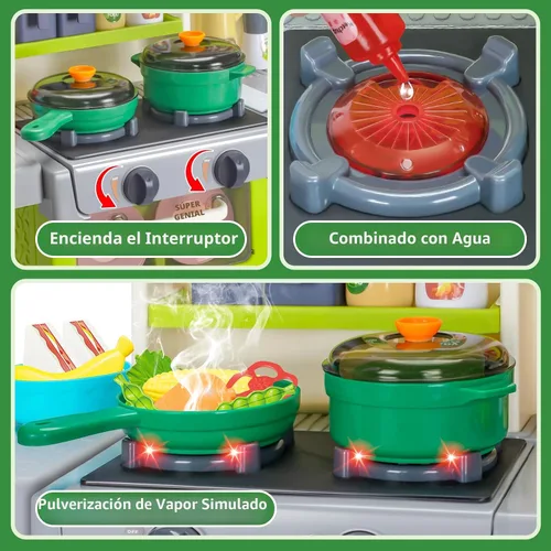 Vista 4 de Juego de cocina para niños, juego de cocina para niños pequeños con sonido y luz, estufa de cocina con vapor, fregadero de juegos, juguete de comida