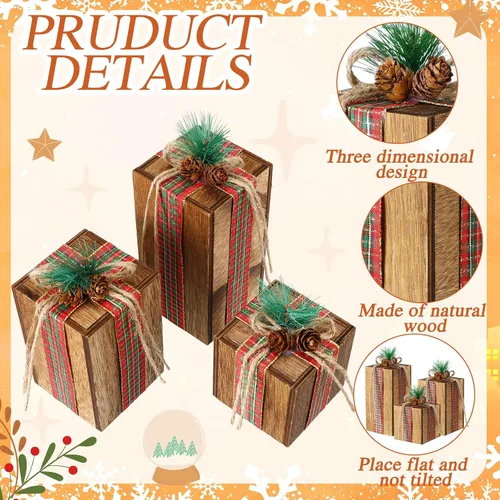 Vista 3 de Amyhill 3 piezas de caja de regalo de madera de Navidad, decoración de cuadros de Navidad, centros de mesa, regalos de madera rústica, decoración