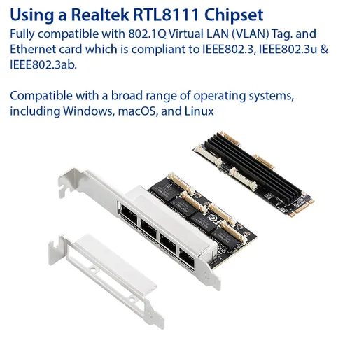 Vista 3 de IO CREST Tarjeta Ethernet de 4 Puertos Gigabit M.2 Clave M+B SI-PEX24092
