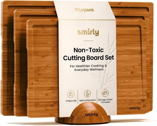 Vista 12 de SMIRLY - Juego de tablas grandes para cortar para la cocina, con soporte incluido, hecho de madera de bambú