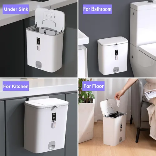 Vista 10 de Sooyee Bote de basura con tapa, cubo de basura pequeño de 2.4 galones, contenedor de plástico para abono colgante o de pie para Blanco