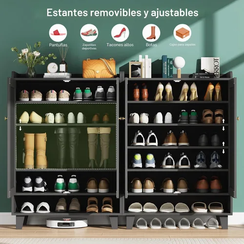 Vista 3 de Zapatero de estante plano con puertas, armario de almacenamiento de zapatos de 6 niveles con estantes ajustables, zapatero de madera para zapatos