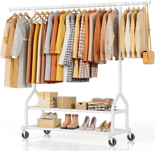 Vista 12 de EAGMAK Perchero de ropa resistente con capacidad de carga de 192 kg, perchero enrollable con estantes, colgador de ropa ajustable de metal