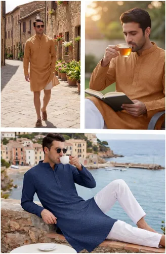 Vista 4 de Runcati Camisa Henley con textura Kurta Thobe para hombre Azul marino