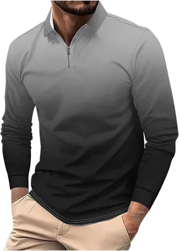 Vista 6 de Camisas para hombres de moda grande y alto de manga larga, color degradado, con cremallera de un cuarto, camiseta polo casual suelta deportiva