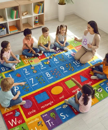 Vista 10 de KC Cubs Alfombra educativa antideslizante con alfabeto, números y formas de 3 x 3 pulgadas, para niños, guardería, aula, sala de juegos, guardería