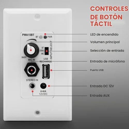 Vista 4 de Pyle Receptor BT Inalámbrico de Pared – Receptor de Control de Audio de 100W para Pared con Amplificador Integrado, Entradas USB/Micrófono/Aux
