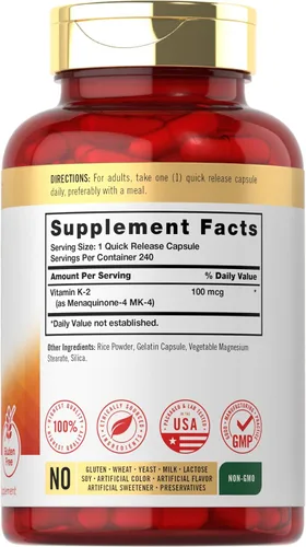 Vista 2 de Suplemento de vitamina K2 Carlyle 100 mcg K2 MK-4 240 cápsulas Sin OGM y sin gluten