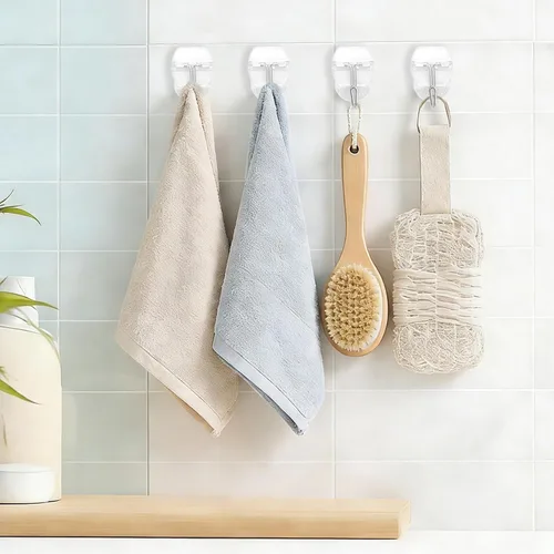 Vista 3 de Ganchos de pared de alambre pequeño transparente, 15 ganchos con 20 tiras adhesivas, ganchos colgantes sin daños, sin taladro, sin herramientas