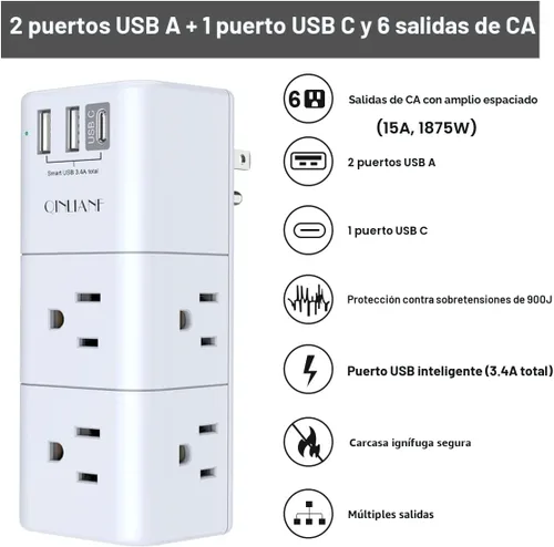 Vista 2 de QINLIANF - Extensor de tomacorrientes USB y protector contra sobrecargas, enchufe giratorio, tira de alimentación giratoria de 3 lados, divisor de 6