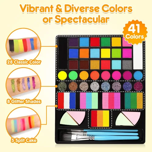 Vista 3 de Mocoosy - Kit de pintura facial de 41 colores para niños, paleta de pintura facial no tóxica activada por agua con plantillas, pinceles, gema, kit