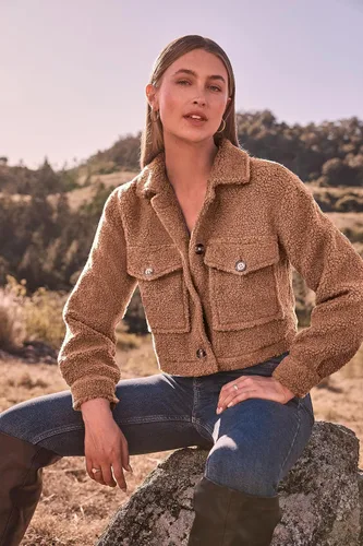 Vista 5 de PRETTYGARDEN Ropa de otoño para mujer, chaqueta de sherpa con solapa mullida, abrigo recortado con botones