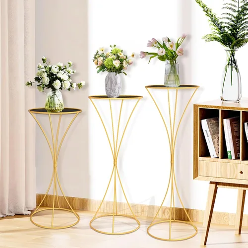 Vista 2 de chamvis Soporte para plantas de metal dorado, 3 soportes de pedestal cilíndrico alto para fiestas y bodas, mesas cilíndricas redondas doradas