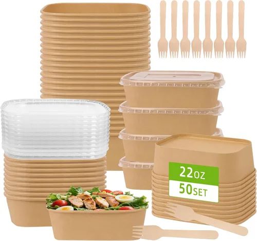 Vista 12 de Paquete de 50 recipientes de comida de papel de 19 onzas con tapas, recipientes de preparación de comidas, cuencos de papel grandes desechables
