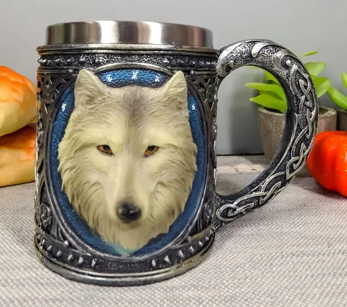 Vista 5 de Ebros Gift Taza de resina mágica tribal celta de lobo gris alfa de 16 onzas con borde de acero inoxidable para café, té, cereales, bebidas, fiesta