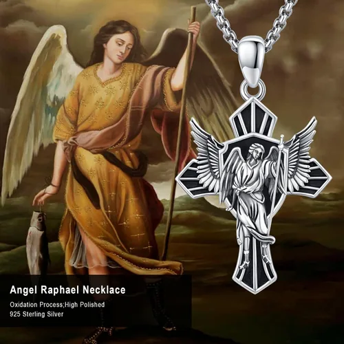 Vista 5 de Collar de plata de ley 925, collar de RafaelUrielChristopher de plata de ley 925 con alas de cruz, collar de amuleto de protección, collar