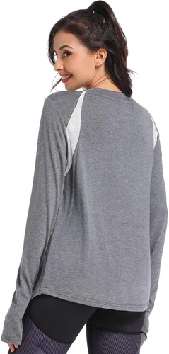Vista 4 de Muzniuer Camisetas de entrenamiento de manga larga para mujer, camisetas lisas de manga larga para yoga, gimnasio, deportes, con agujero