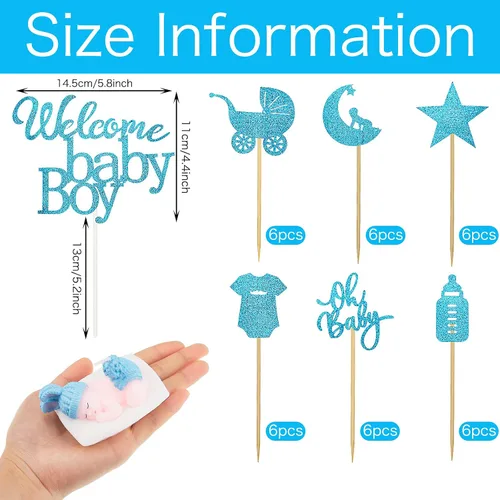 Vista 2 de Gersoniel 36 adornos para cupcakes con purpurina para baby shower en 6 estilos, 1 adorno de bienvenida para pastel de bebé, 1 vela para dormir