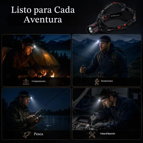 Vista 8 de Linterna frontal recargable 150000LM lámpara de cabeza brillante, 40H Cable Tipo-C linterna frontal ajustable para exteriores, 4 modos de luces