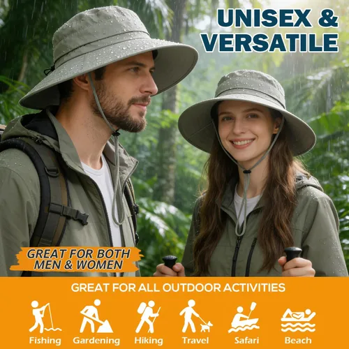 Vista 2 de Sombrero Boonie de ala ancha impermeable UPF 50+ para hombre, protección contra el sol y la lluvia Beige
