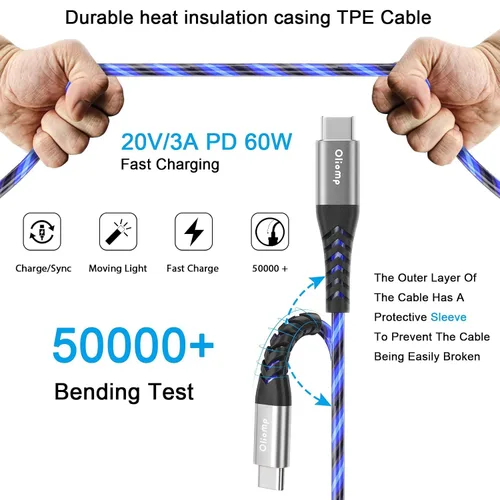 Vista 3 de Cable LED USB C a C de 6 pies 60 W 3A de carga rápida para iPhone15/15Pro/15Plus/15ProMax/iPad Pro2022/Air, Samsung S23 (azul)