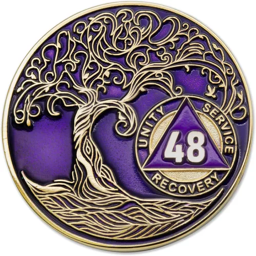 Vista 99 de 1 año Sobriety Mint Twisted Tree of Life Medallón de recuperación AA chapado en oro, chip/ficha - negro