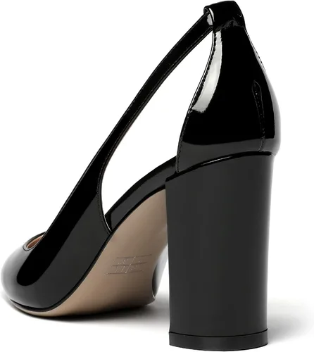 Vista 7 de MERRORI Zapatos de tacón alto grueso para mujer, tacón puntiagudo recortado, zapatos de patente de bloque de 3.3 pulgadas