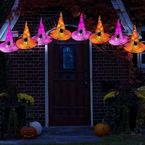 Vista 8 de WATERGLIDE Decoraciones de Halloween, 8 sombreros de bruja colgantes iluminados, con 8 modos de iluminación, cadena de luces de Halloween de 16