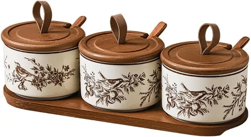 Vista 5 de Ceramics Retro Fowers - Tarros para condimentos con tapa y cuchara, 7.44 onzas
