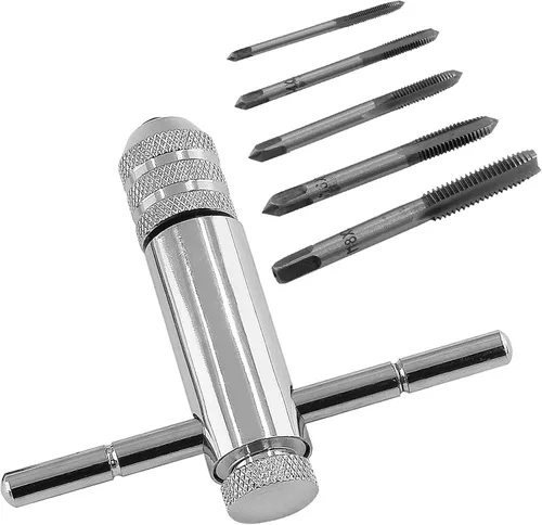 Vista 2 de 1 llave ajustable con mango en T con 5 grifos de rosca corta M3 a M8, grifos de rosca manual y de máquina, roscas métricas, herramienta de roscar
