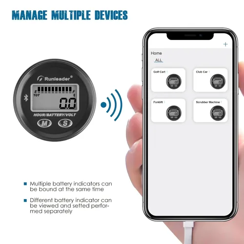 Vista 3 de Runleader Medidor de nivel de batería Bluetooth LCD de 12 V a 48 V, medidor de voltios con alerta, registro de horas de funcionamiento para troyano