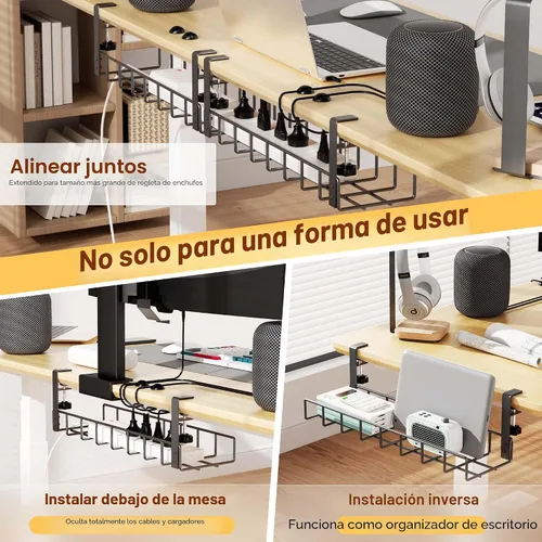 Vista 4 de Paquete de 2 bandejas de organización de cables debajo del escritorio, 31.4 pulgadas, organización de cables debajo del escritorio sin taladrar Negro