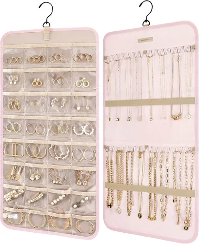 Vista 11 de BAGSMART Organizador de joyas colgante con rollo de almacenamiento y ganchos metálicos de doble cara para aretes, collares, anillos en armario, Negro