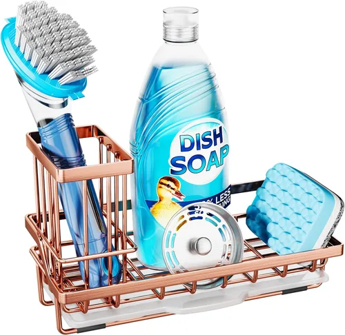 Vista 12 de Consumest Organizador para fregadero, soporte de esponja de cocina con soporte para cepillos de platos, organizador de cocina con bandeja de goteo