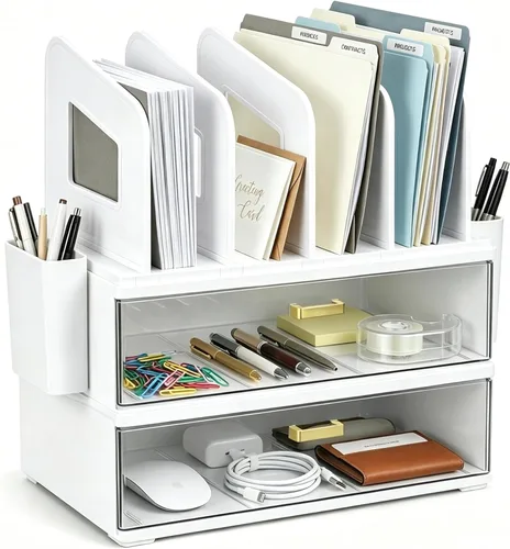 Vista 11 de CiWiVOKi Organizador de escritorio y accesorios, organizador de archivos de escritorio de 2 niveles con cajón acrílico y 2 soportes para bolígrafos