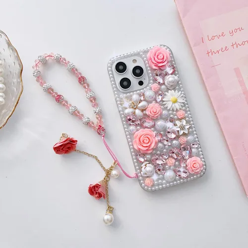 Vista 9 de para iPhone 14 Pro - Funda con Purpurina y Diamantes de Imitación, de Lujo, con Cristales Brillantes, Flores de Rosa, Perlas Florales, Pulseras