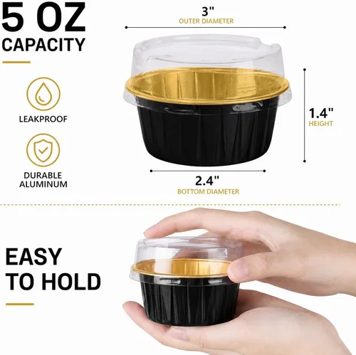 Vista 2 de 100 tazas de papel de aluminio para hornear con tapas, forros desechables de 5 onzas para cupcakes, soporte para moldes de tarta de tarta