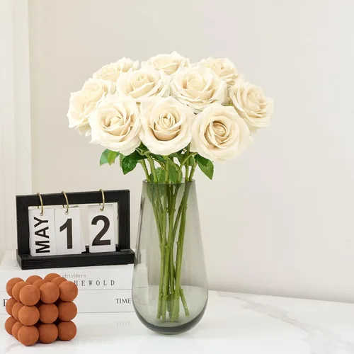 Vista 2 de 10 rosas artificiales abiertas, tallos de rosas artificiales para arreglos de boda, ramo de novia, centro de mesa, flores de seda sintética falsas
