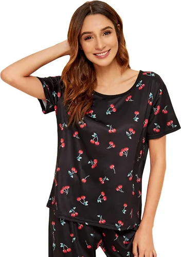 Vista 4 de Floerns Conjunto de pijama de dos piezas con estampado de dibujos animados para mujer con pantalones largos